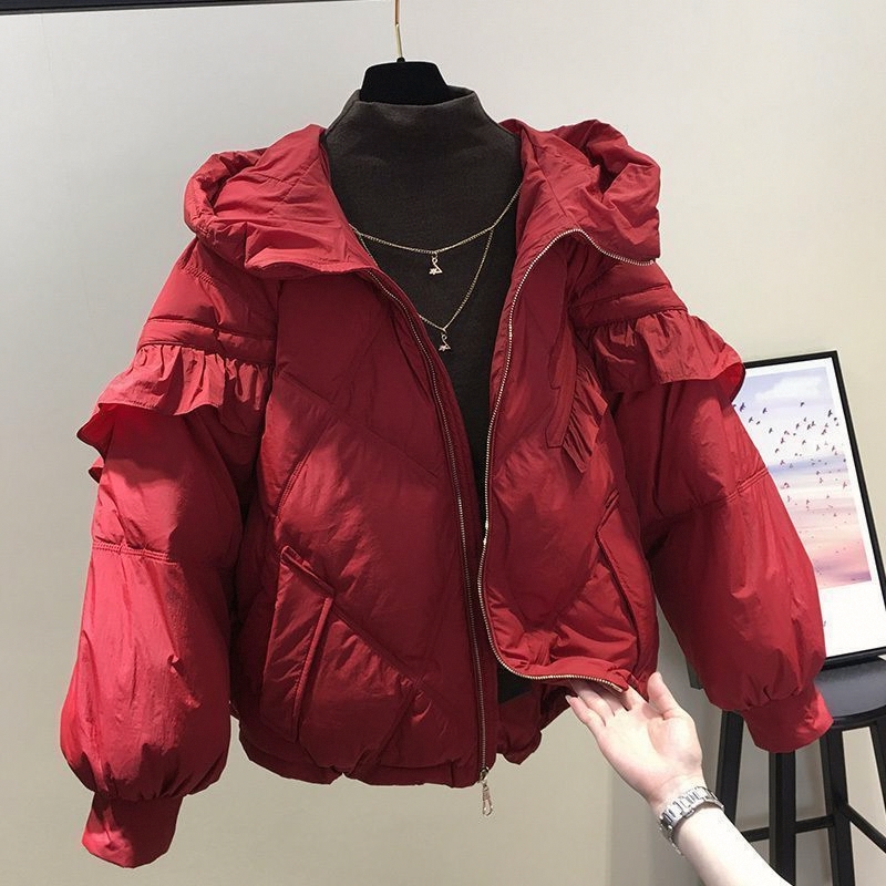 欧货冬装2025新款连帽荷叶边羽绒棉服女时尚洋气减龄保暖棉衣外套