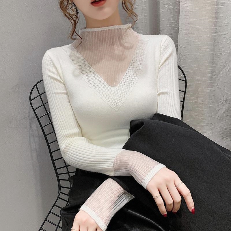 蕾丝镂空拼接半高领毛衣女秋冬新款修身显瘦针织打底衫女长袖上衣