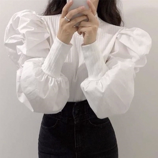 上衣女 衬衫 韩国春秋宫廷风圆领螺纹拼接设计感收口泡泡袖 修身