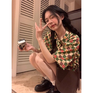 宽松别致上衣 复古港味短袖 衬衫 女设计感小众格子印花夏季 2023新款