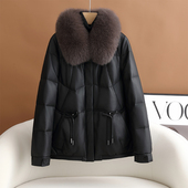 海宁真皮羽绒服女经典 绵羊皮狐狸毛领羽绒皮衣 百搭中老年妈妈短款