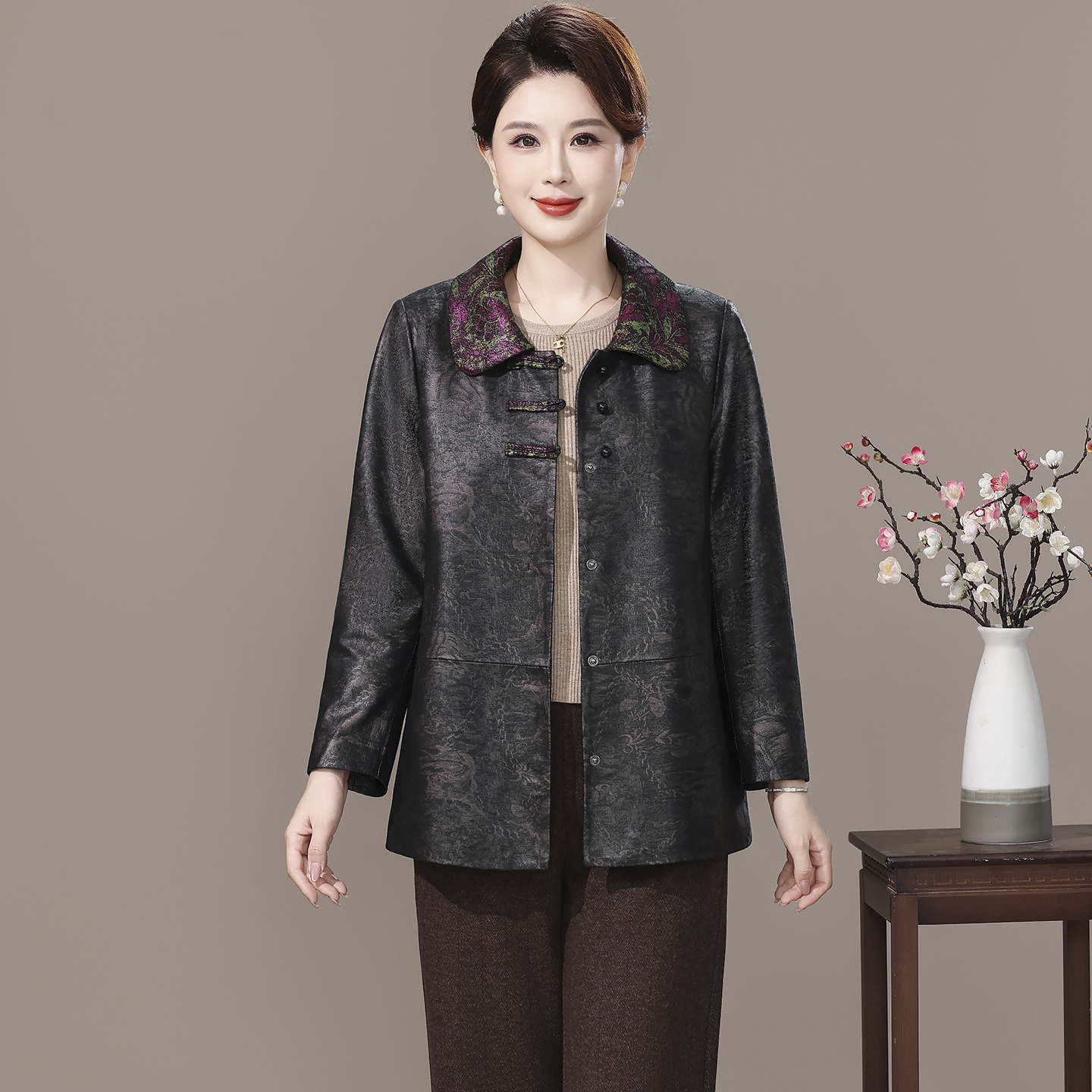 高端印花真皮皮衣女短款