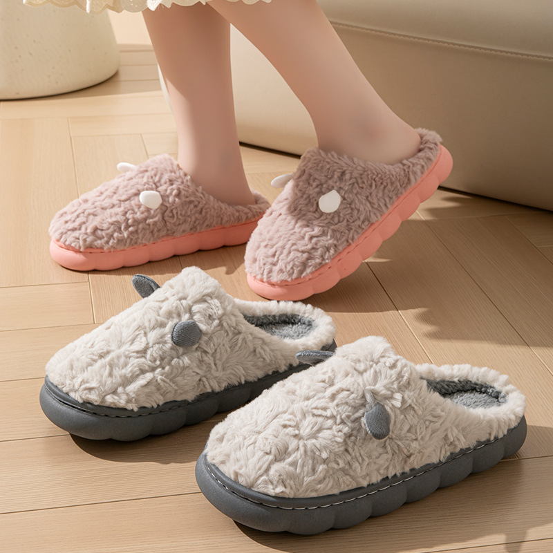 小耳朵冬季棉拖鞋可爱女男情侣居家室内保暖月子防滑加绒毛绒拖鞋