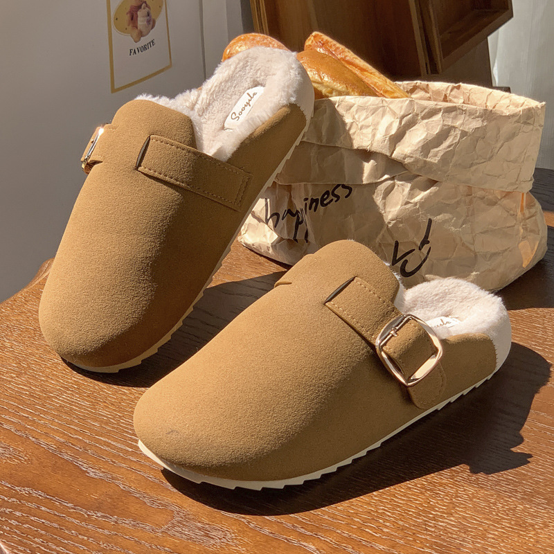 博肯棉拖鞋女款冬季保暖舒适家居防滑秋冬毛绒麂皮绒外穿简约棉拖