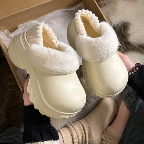 防水棉拖鞋女2025冬季新款居家加绒厚底防滑软底内增高踩屎感拖鞋