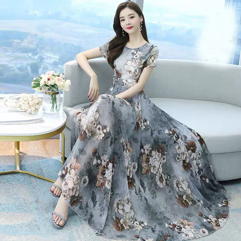 特价版淘宝断码品牌女装新款女装短袖印花仿冰丝连衣裙法式复古女人味