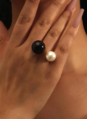 欧美跨境货源黑白仿珍珠戒指开口可调节指环小众哥特风时尚女士