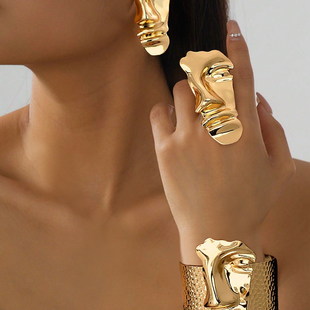 欧美跨境货源复古时尚 街头小众饰品 夸张人脸几何戒指手镯耳钉套装