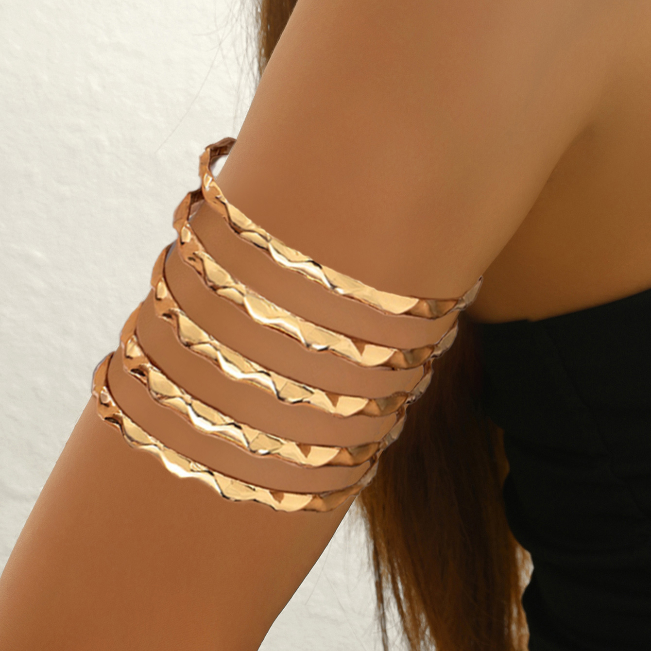 欧美时尚5层波浪臂环简约金属刻面花纹线条上臂手镯男女情侣同款