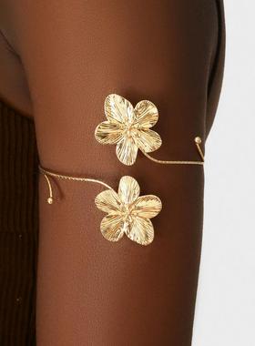 欧美跨境货源复古法式金属花朵臂环手镯开口可调节度假夸张饰品女