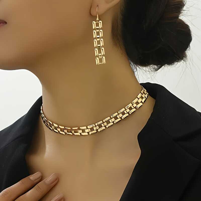 金色Y2K光面表带金属链条choker项链精致百搭饰品可搭配耳环套装