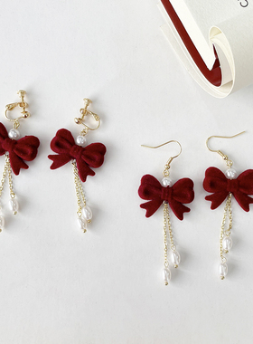 法式复古红色植绒蝴蝶结耳环百搭圣诞婚礼配饰无耳洞耳夹女秋冬款
