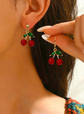 红色樱桃耳坠小巧精致绿色水钻耳饰车厘子耳环百搭仿真水果耳坏
