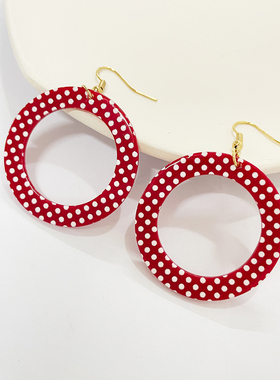 港风复古红色波点耳环亚克力几何圆形方形时髦耳坠撞色气质耳饰