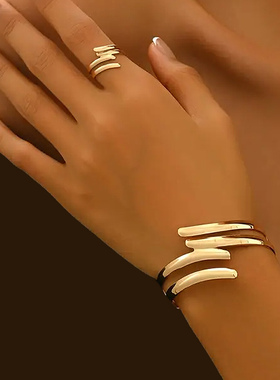 欧美跨境货源光面几何个性金属手镯镂空设计感戒指套装轻奢高级感