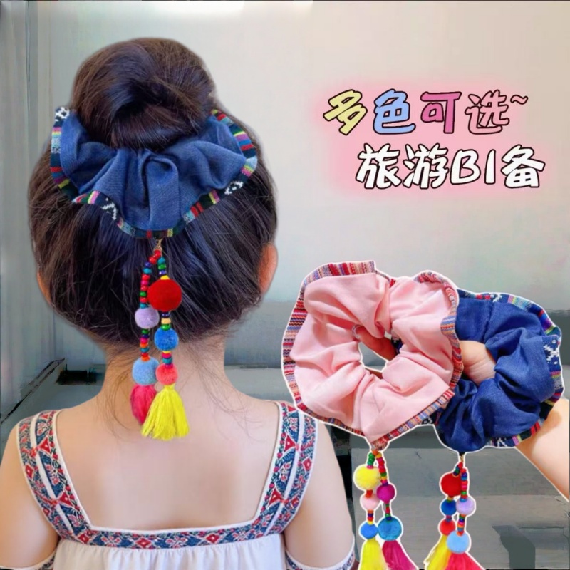 女童民族风大肠发圈儿童小女孩彩色毛球流苏丸子头发绳头绳橡皮筋