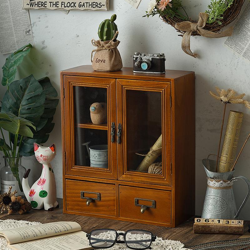 复古桌面收纳盒实木马克杯子收纳柜子化妆品办公室木质书桌置物架