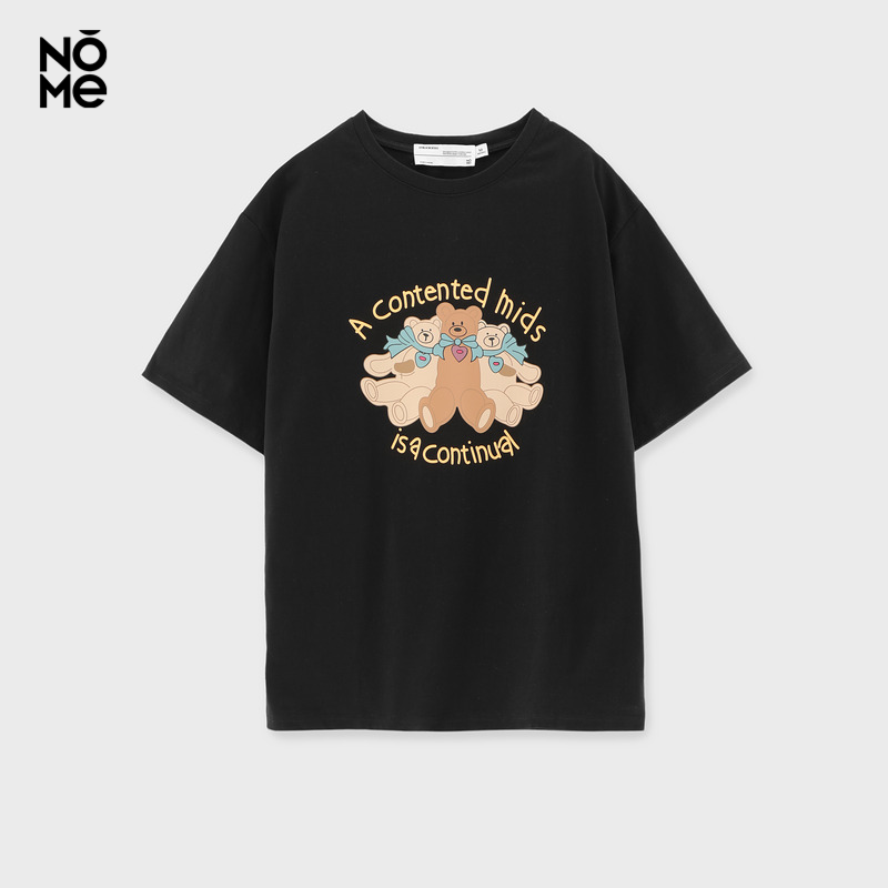 nome诺米t恤女装小熊字母印花卡通上衣短款黑色女短袖t恤印字logo