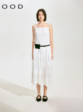 310MOOD2025春夏新款纯棉可调节系带绣花拼接吊带白色连衣裙女