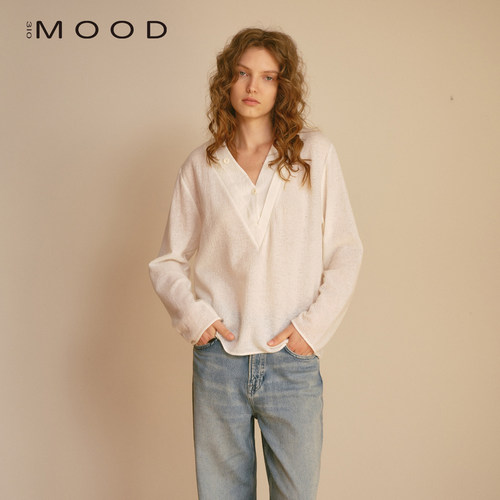 310MOOD简约通勤假两层V领轻羊毛针织上衣女2026秋新款