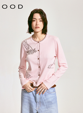 310MOOD遛狗刺绣2025夏季新款圆领简约单排扣长袖针织开衫上衣女
