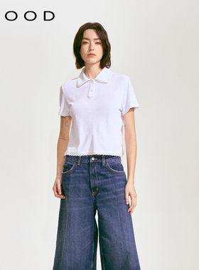 310MOOD白色2025春夏新款纯棉翻领简约镂空花边针织短袖T恤上衣女