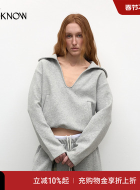madeinormal糯糯系列LOOKNOW2025春经典灰色伯克利连帽V领卫衣女