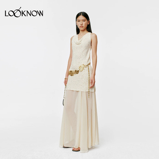 LOOKNOW2026春夏新品 亚麻混纺珠片纱荡领背心针织连衣裙 ZHI