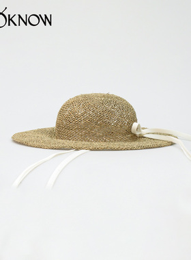 SCHA设计师品牌LOOKNOW春秋宽檐蓝色系带草帽男女同款