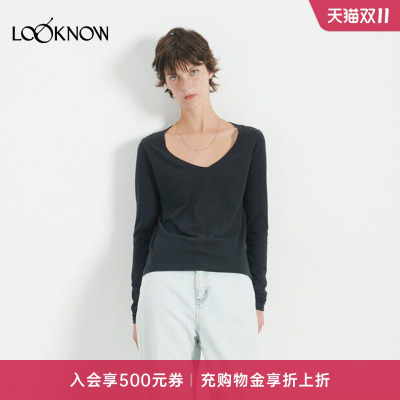 american vintage X LOOKNOW设计师品牌26秋季新品黑色V领长袖T恤