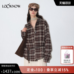 复古慵懒咖色毛边衬衫 LAND格纹系列LOOKNOW2025早秋新款 女
