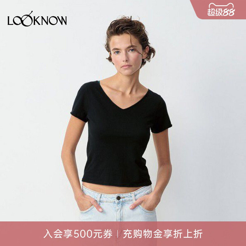 american vintage X LOOKNOW设计师品牌26秋季新品黑色V领短袖T恤图片
