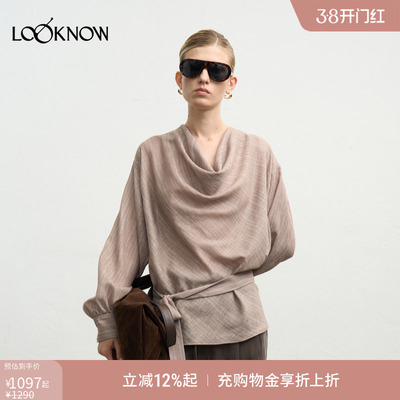 halfmoon X LOOKNOW2025年秋季新款卡其色亚麻荡领系带衬衫时尚