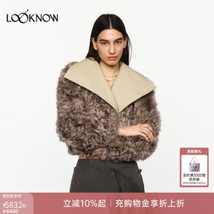 jacques wei X LOOKNOW2026春夏新款灰色羊卷毛风衣领皮草外套
