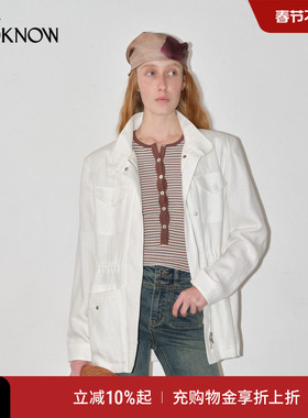 IF BY LAND猎装亚麻系列LOOKNOW25春新款白色收腰翻领夹克外套女