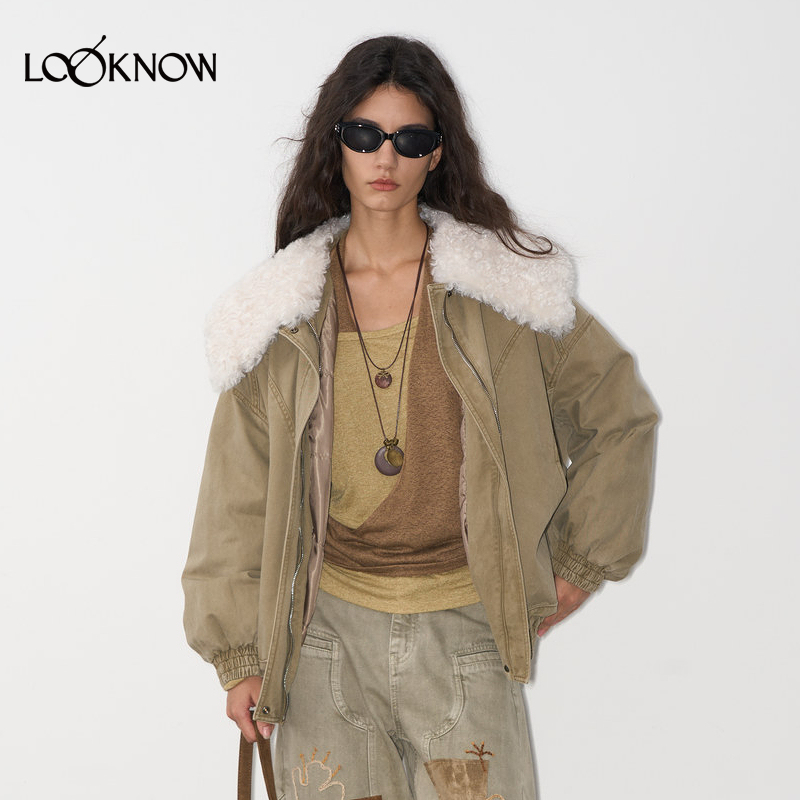 IF BY LAND X LOOKNOW25秋冬新品卡其色可拆卸毛领羽绒外套