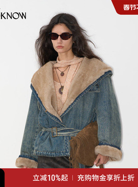 徐艺洋同款IF BY LAND X LOOKNOW2025秋季新款蓝色腰带连帽外套女