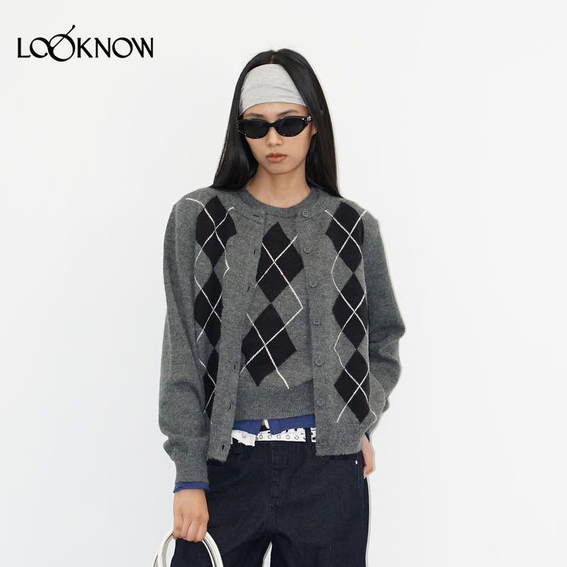 madeinormal X LOOKNOW2025秋冬新款灰色真两件菱形格毛衣女