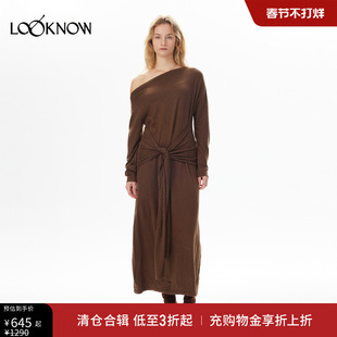 IF BY LAND设计师品牌LOOKNOW冬季新款斜肩系带针织连衣裙
