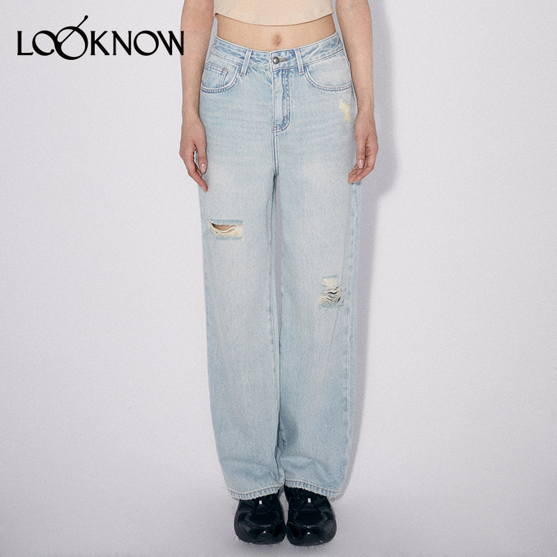 madeinnormal舒适破洞直筒牛仔裤