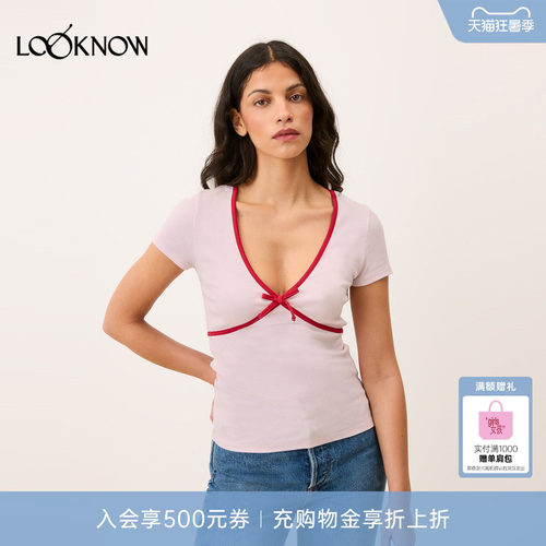 Rouje x LOOKNOW2026春季新款多色V领蝴蝶结T恤