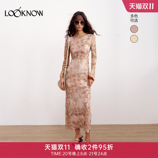 IF BY LAND x LOOKNOW2026新品多色雪纺印花喇叭袖长款连衣裙