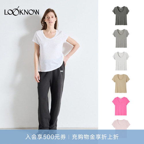 american vintage LOOKNOW26春季新品多色深圆领短袖T恤