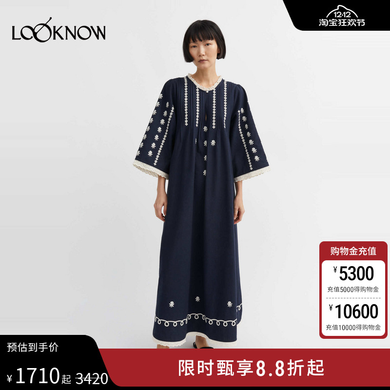 SKALL STUDIO设计师品牌LOOKNOW2025年春季新款深蓝色中袖连衣裙