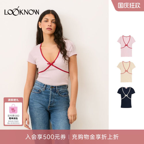 Rouje x LOOKNOW2026新款多色V领蝴蝶结T恤