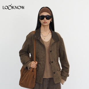 halfmoon x LOOKNOW2025秋冬新款棕色领口拼皮刺绣夹克女