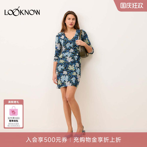 Rouje x LOOKNOW2026新款印花深蓝色短袖连衣裙