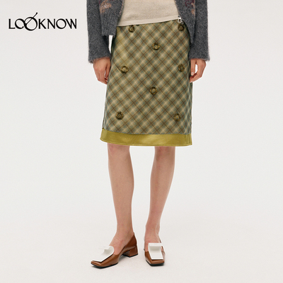 ICE DUST X LOOKNOW设计师品牌2025秋冬新款蕾丝格子钉珠半裙