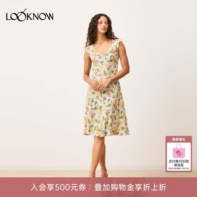 Rouje x LOOKNOW设计师品牌2026春季新款浅黄色印花无袖连衣裙