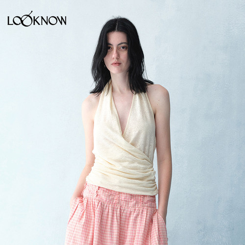 ii sense x LOOKNOW2026春夏新品米白轻松V领挂脖上衣设计感女